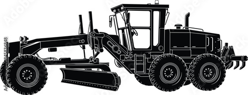 Silhouette illustration of motor grader heavy construction equipment with blade, cab, and wheels used for road building and grading work