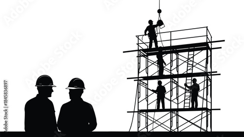 Silhouette illustration of construction workers on scaffolding with crane hook, teamwork, safety gear, and building site activity in progress