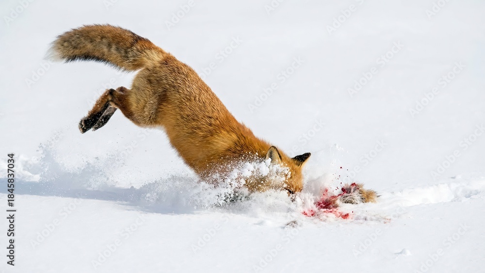 Naklejka premium Red Fox Diving into Snow to Catch Prey in Winter Landscape