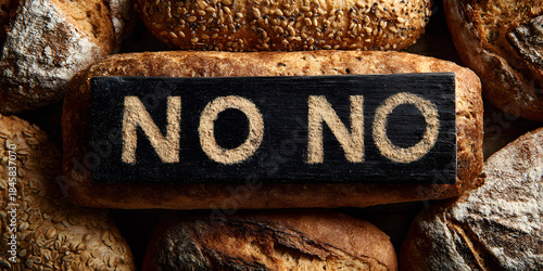 No bread. Say no to flour while dieting. Gluten intolerance and the concept of a gluten-free diet. No gluten. No calories. The inscription 