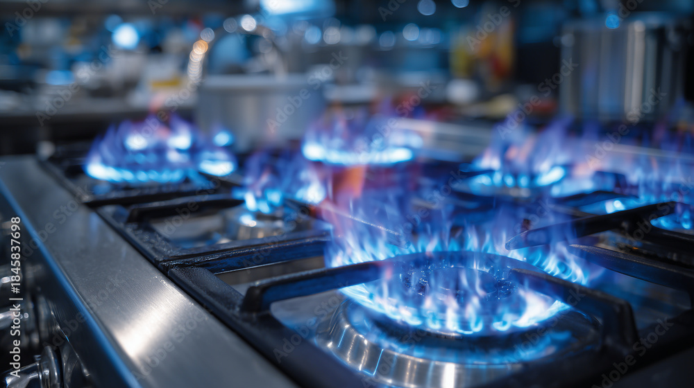 custom made wallpaper toronto digitalClose-up of blue flames on multiple gas burners, sleek stainless steel stove, metallic reflections and shadows, emphasizing clean modern kitchen design and energy in action
