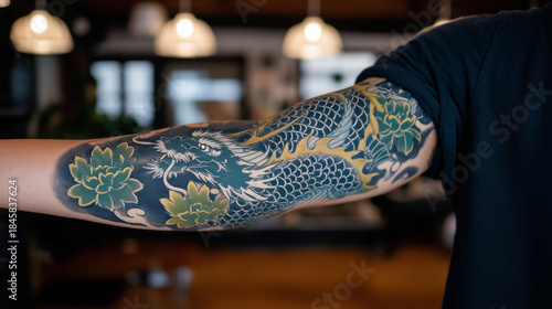 Traditional Japanese tattoo sleeve displayed by artist, dragons and flowers in bright colors, forearm held in front of studio lights, detailed ink and texture visible