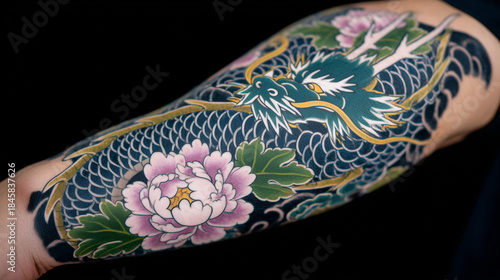 Traditional Japanese tattoo sleeve displayed by artist, dragons and flowers in bright colors, forearm held in front of studio lights, detailed ink and texture visible