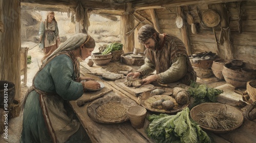 ancient people preparing simple vegetable meal, wooden table, grains and greens, natural daylight, realistic historical lifestyle, calm everyday