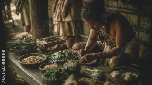 ancient people preparing simple vegetable meal, wooden table, grains and greens, natural daylight, realistic historical lifestyle, calm everyday