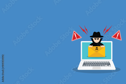 Cyber thief hide behind spam e-mail. Email data phishing scam. Online scam, fraud. Hacking concept. Vector illustration.