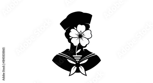 Silhouette of a Sailor with Flower Covering Face in Black and White.