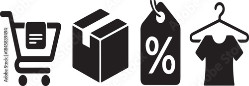 Black icons shopping cart box tag and t shirt on hanger shopping basket trolley