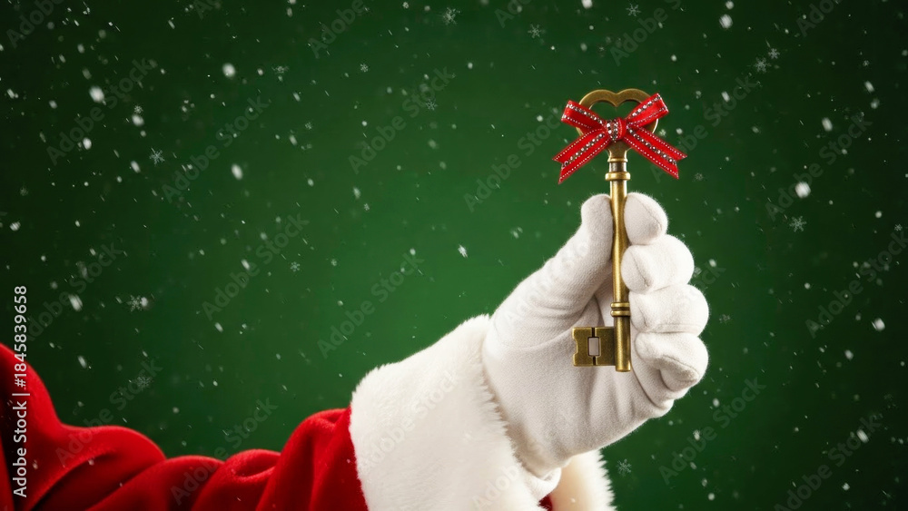 Naklejka premium Man hand wearing Santa Claus glove holding a vintage brass key with red ribbon against green background with falling snow. Christmas concept.