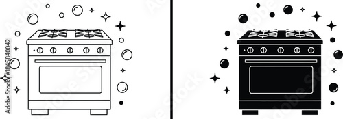 Kitchen Range Icon. Oven, Stove, Cooking Appliance, Home, and Sparkle Vector