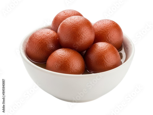 White Bowl Filled with Sweet Gulab Jamun in Syrup Keywords: gulab jamun, indian sweets, dessert