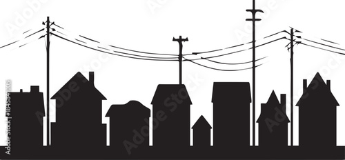 Black silhouette of houses and utility poles against white background buildings power lines