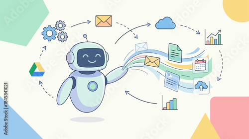 Friendly cartoon robot assistant automating a digital workflow with icons for email, cloud storage, data analytics, and scheduling in a modern flat illustration style