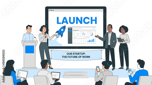 Group of diverse business speakers presenting a new product launch on a stage, showing a SaaS dashboard and a rocket on a large screen to an audience at a tech conference