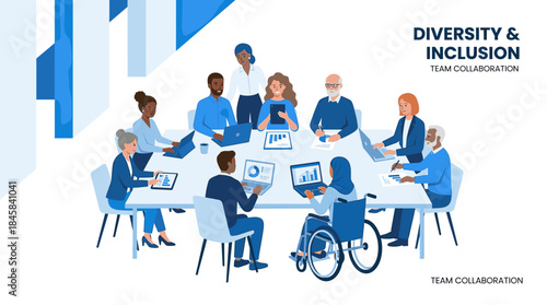 Diverse and inclusive group of business professionals collaborates during a corporate meeting, working on laptops and tablets while analyzing financial data charts