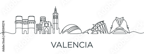 Continuous single line drawing of a famous European city skyline showing historic and modern architectural landmarks in a minimalist black and white vector illustration style
