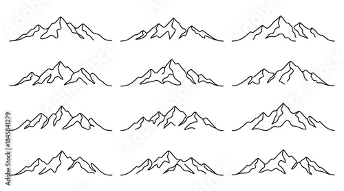 Collection of twelve mountain range icons drawn in a minimalist black outline style, showcasing various rocky peak silhouettes for adventure and nature themed graphic design