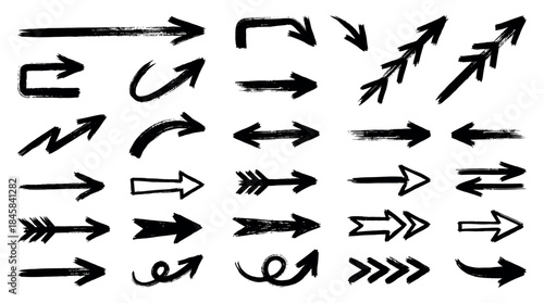 Large collection of hand-drawn black arrows in various grunge styles, featuring different shapes, directions, and brush stroke textures for design and navigation elements