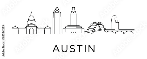 Famous Texas city skyline line art illustration with iconic landmarks like a capitol building and arched bridge, drawn in a clean, minimalist black and white vector style