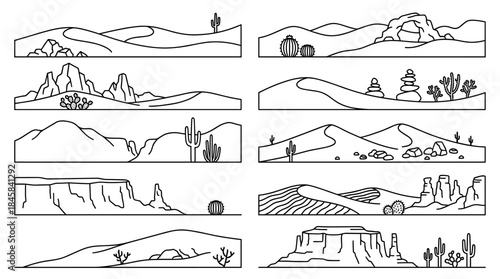 Set of desert landscape line art illustrations showing various scenes with sand dunes, saguaro cacti, mesas, and canyons in a simple, minimalist outline style