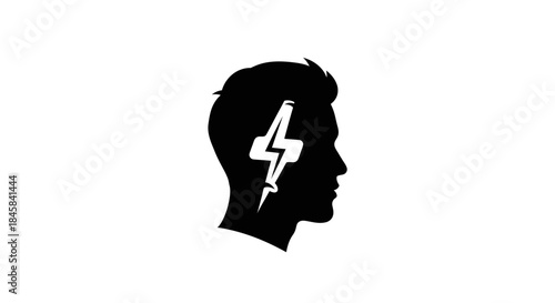 Silhouette of a mans head with a lightning bolt inside representing energy or ideas.