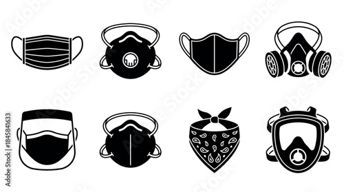 Collection of black protective face mask icons including respirators, gas masks, face shields, and bandanas in a simple, graphic, and minimalist vector illustration style