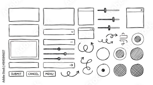 Hand-drawn sketchy user interface elements, including input fields, sliders, buttons, and various arrows, are neatly arranged in a creative, doodle-style design for web and app prototyping