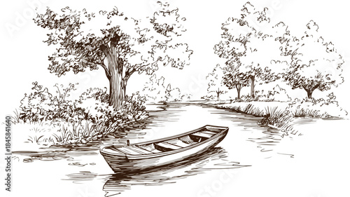 Cartoon Boat on River with Trees Illustration