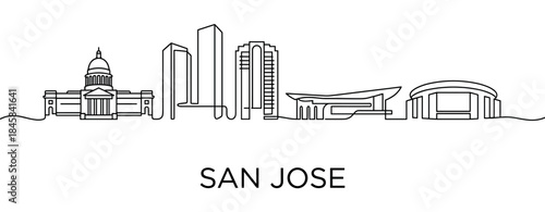 City skyline illustration with famous landmarks in a minimalist continuous line art style showing modern architectural buildings and skyscrapers in a simple black outline