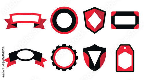 Free Download Collection of red and black graphic elements including ribbons, shields, tags, and gears for modern logo design and branding projects - GFXLoad