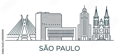 Minimalist line art illustration of a famous South American city skyline with iconic landmarks like a cable-stayed bridge, a cathedral, and modern skyscrapers in a simple outline style
