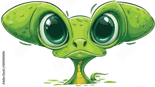 Cute Green Alien Cartoon Character with Big Eyes - Fun and Playful Illustration