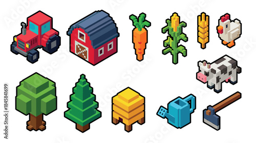 Set of colorful isometric farm icons featuring a tractor, barn, cow, chicken, crops, and tools in a playful pixel art style for a video game asset collection