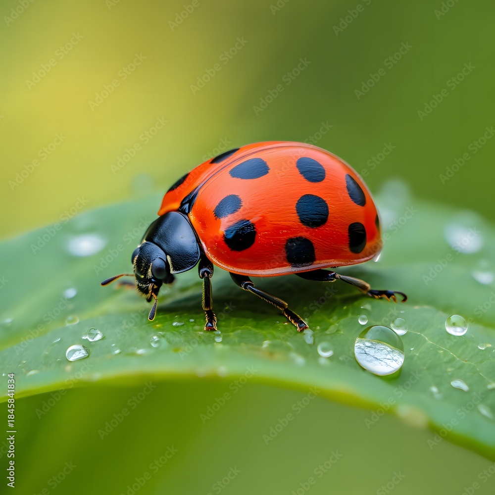 Fototapeta premium Red Ladybug with Black Spots on Green Leaf with Water Droplets
