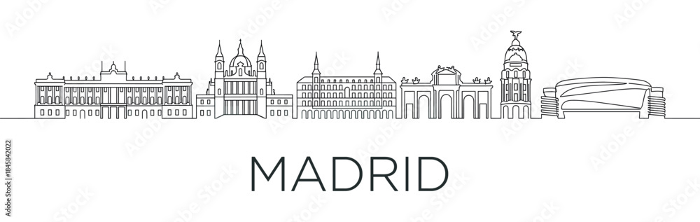 Obraz premium Spanish capital city skyline illustration with famous landmarks drawn in a minimalist black and white continuous line art style, featuring iconic architecture and monuments