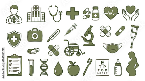 Large set of green medical and healthcare icons in a hand-drawn doodle style showing a doctor, hospital, pills, and equipment for health and wellness concepts
