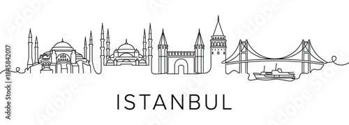 Minimalist black line art illustration of a famous city skyline with mosques, towers, a palace gate, a bridge, and a ferry boat drawn in a continuous single line style