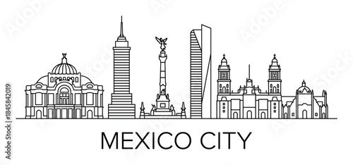 Minimalist black line art illustration of a major urban cityscape featuring historical architecture, a prominent angel monument, and tall modern towers in a simple graphic style