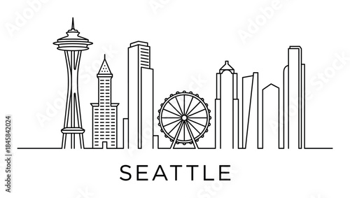 City skyline line art illustration with a famous observation tower and a large ferris wheel among modern skyscrapers in a minimalist black and white graphic style
