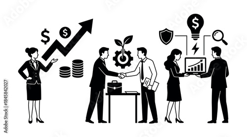 Black and white business concept illustrations depicting corporate teamwork, financial growth, a successful partnership handshake, and strategic data analysis in a clean vector style