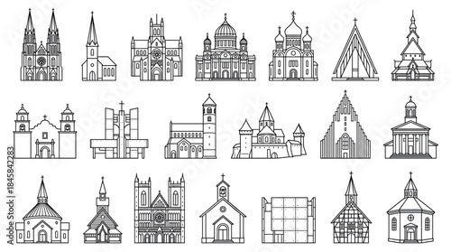 Collection of church and cathedral icons in a minimalist line art style, showcasing diverse architectural designs from Gothic to modern for religious and spiritual concepts