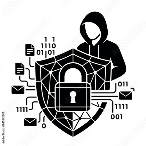 Black cybersecurity concept icon showing a hooded hacker behind a network shield with a padlock, symbolizing digital data protection, online privacy, and defense against cybercrime