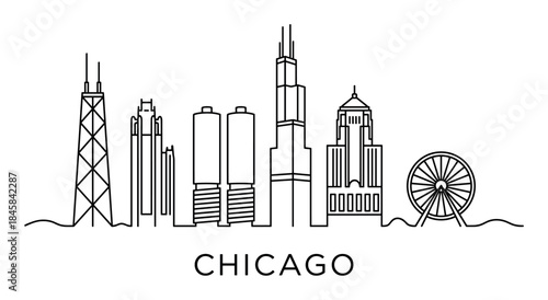 Minimalist black line art illustration of a famous midwestern metropolis skyline featuring iconic skyscrapers, modern architecture, and a large ferris wheel in a clean vector style