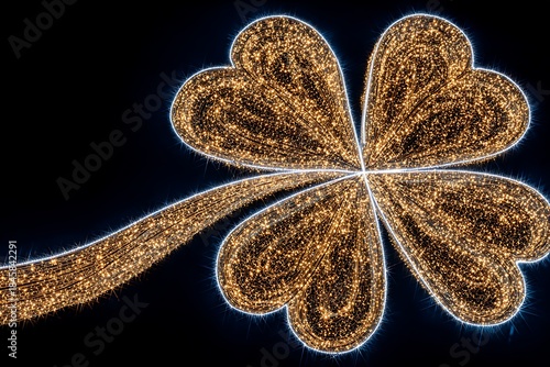 Golden glittering four leaf clover illuminating dark background