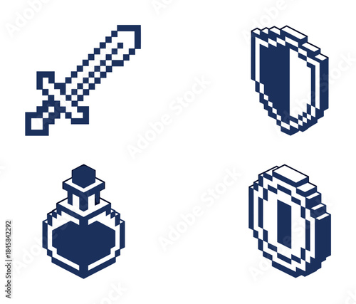 Four blue pixel art fantasy video game icons including a sword, an isometric shield, a magic potion, and a coin, representing classic RPG elements in a retro 8-bit style