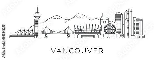 Modern city skyline illustration in a minimalist black line art style, featuring iconic landmarks such as a tower, a bridge, a stadium, and a geodesic dome with mountains