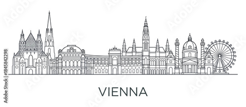 European city skyline illustration in a minimalist black and white line art style, featuring famous architectural landmarks like a gothic cathedral, opera house, and a large ferris wheel