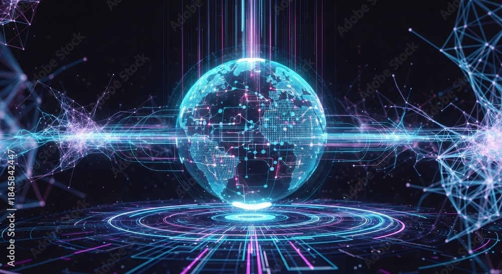Fototapeta premium Digital earth globe with network lines and glowing data streams. Global connection and communication concept. Technology background for internet.