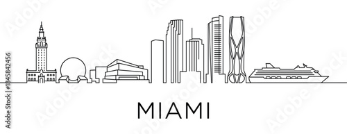 Minimalist black line art city skyline illustration of a coastal metropolis with modern skyscrapers, an iconic tower, and a large cruise ship docked at the port