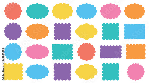 Set of colorful flat vector labels with scalloped and wavy borders in various geometric shapes for tags, stickers, or decorative design elements